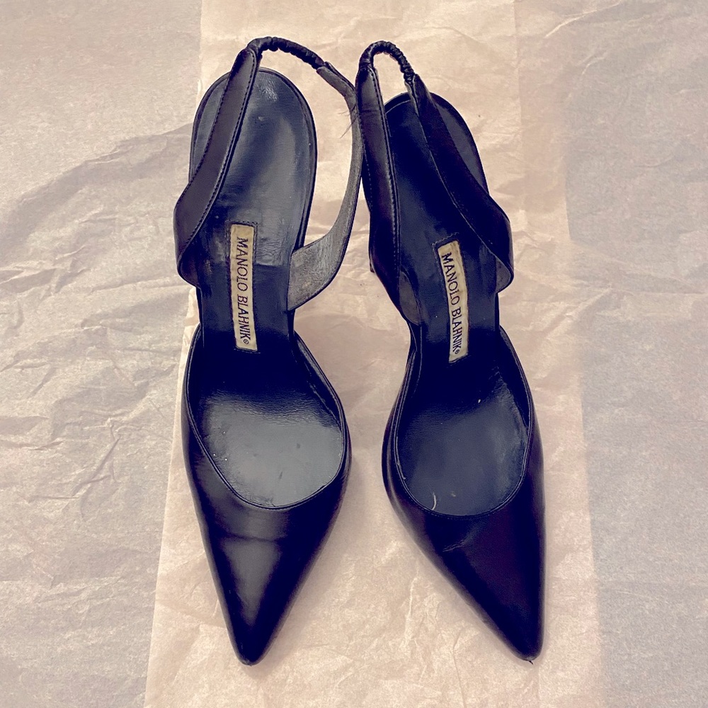 MANOLO BLAHNIK Black Leather Slingback Stiletto size 7